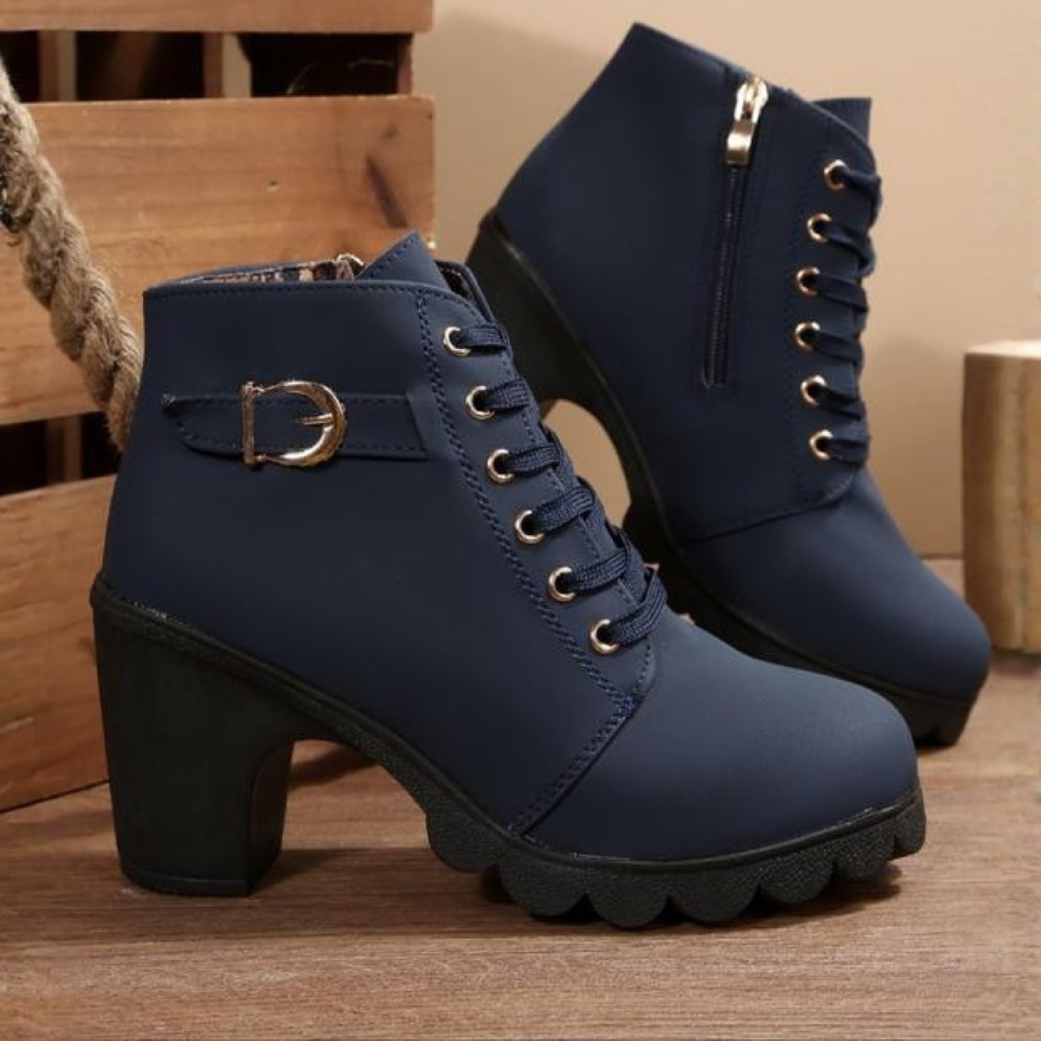 Katty™ | Chic Lace-Up Metal Buckle Chunky Ankle Boots