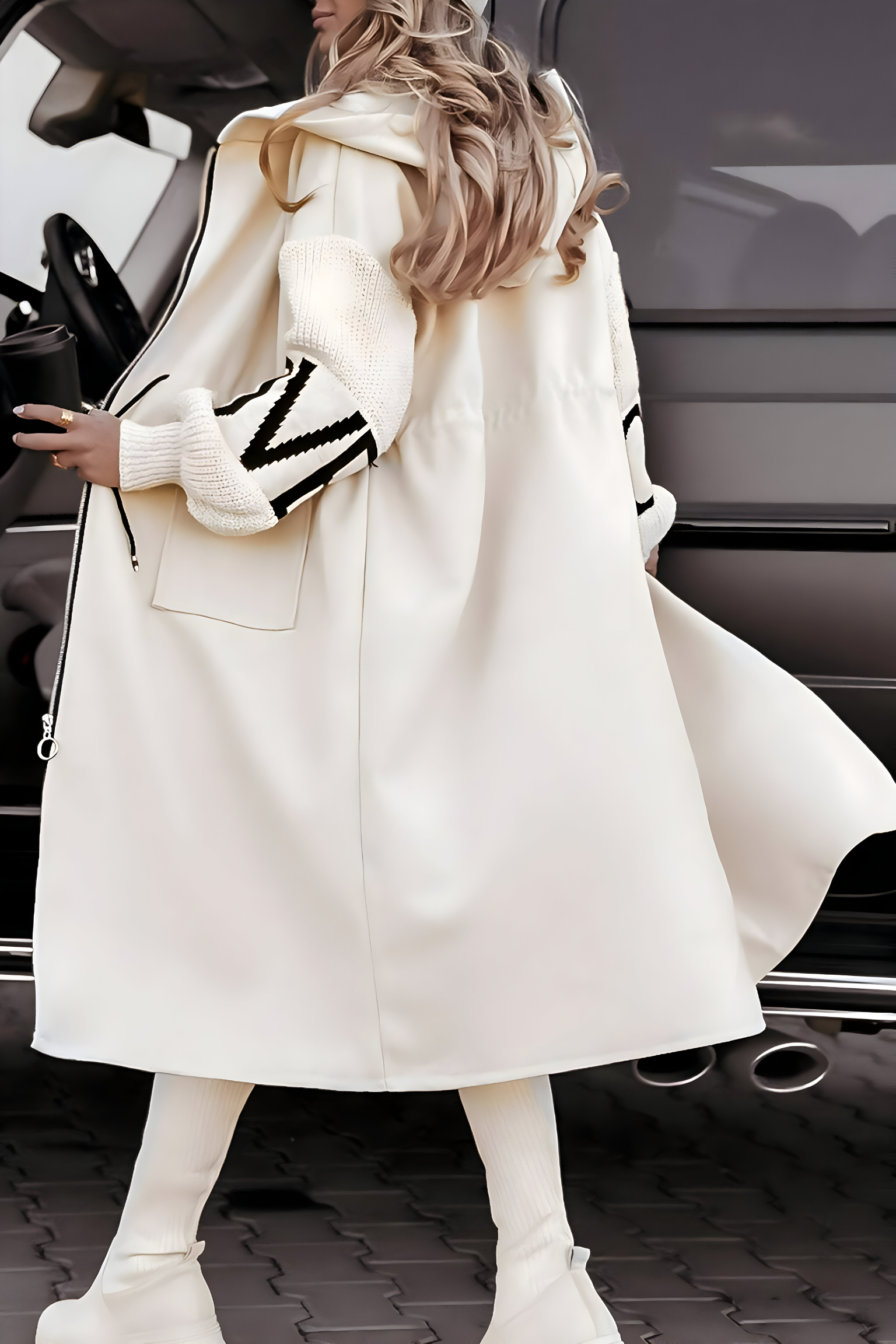Scarlett™ | Long Coat with Knitted Sleeves and Hood
