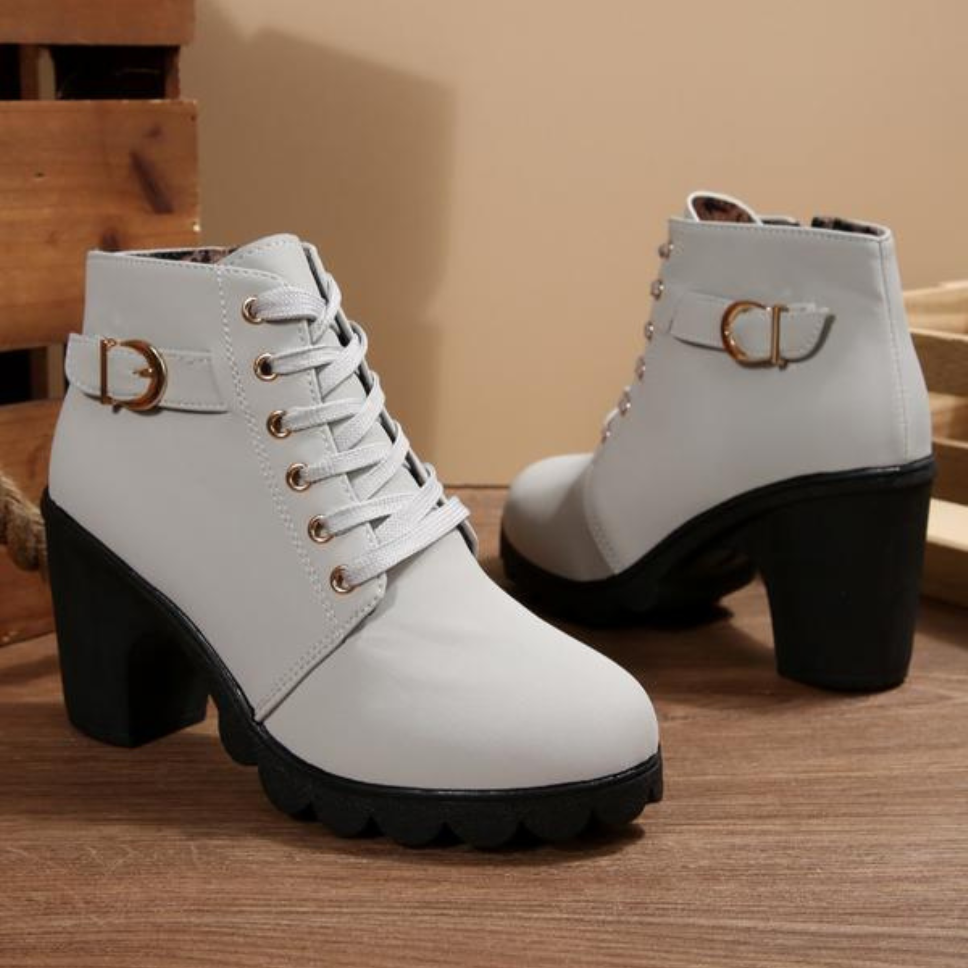Katty™ | Chic Lace-Up Metal Buckle Chunky Ankle Boots