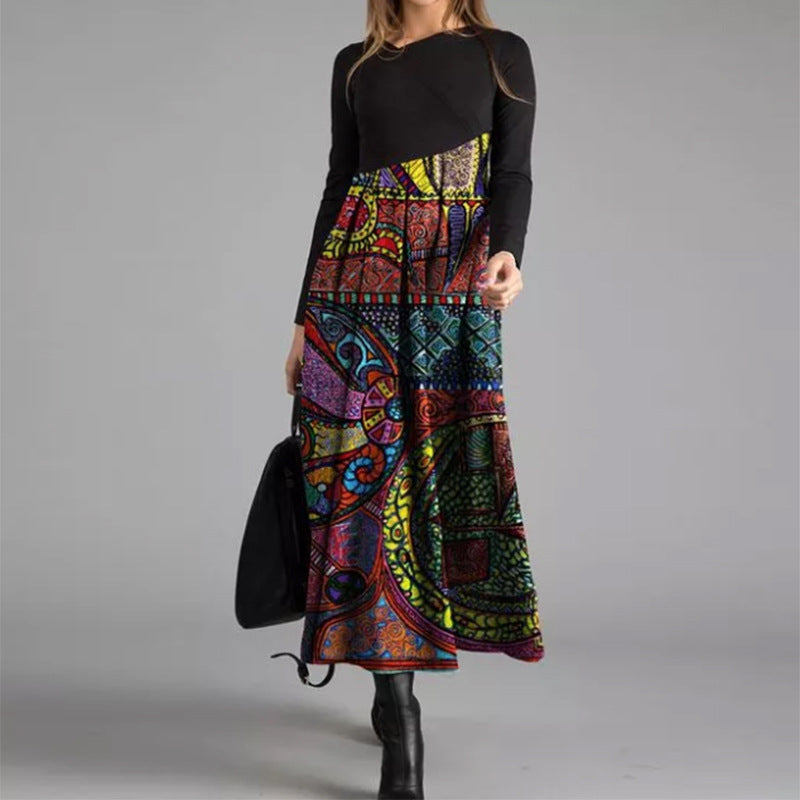 Beverly™ | Black & Multicolor Mosaic Print T-Shirt Maxi Dress