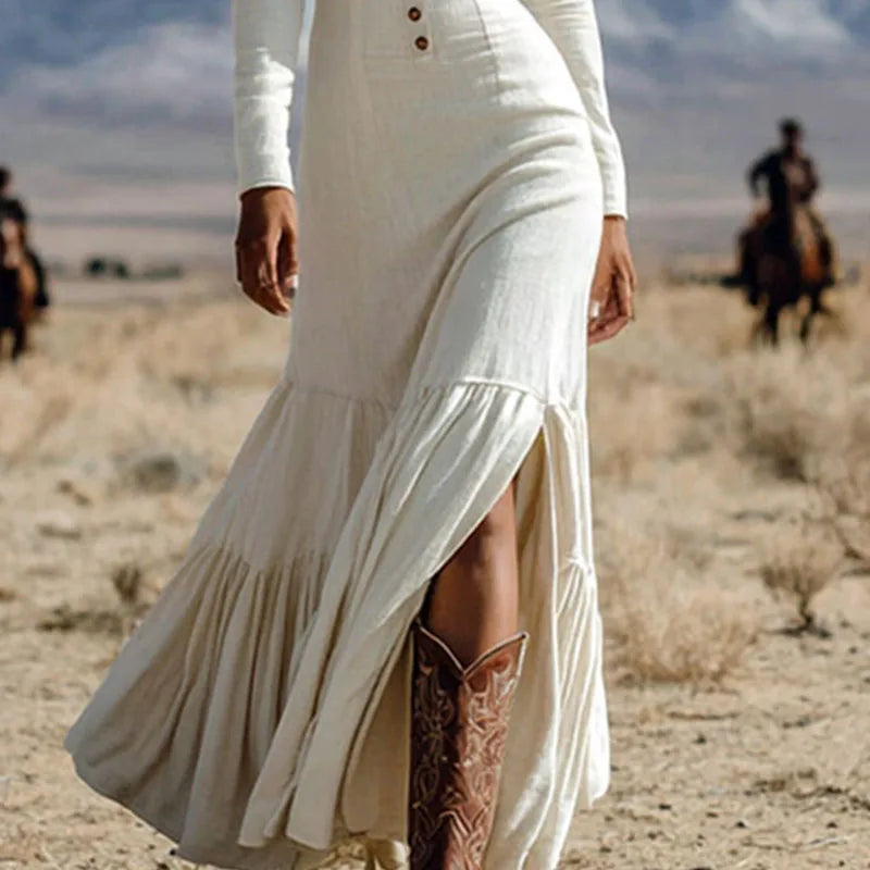 Aurora | Classic Buttoned Pleated Long Dress