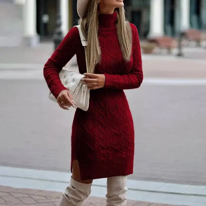 Carol | Cozy High-Collar Cable Knit Sweater Dress