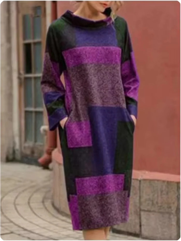 Marianne | Cozy Artistic Patchwork Midi Dress With Pockets