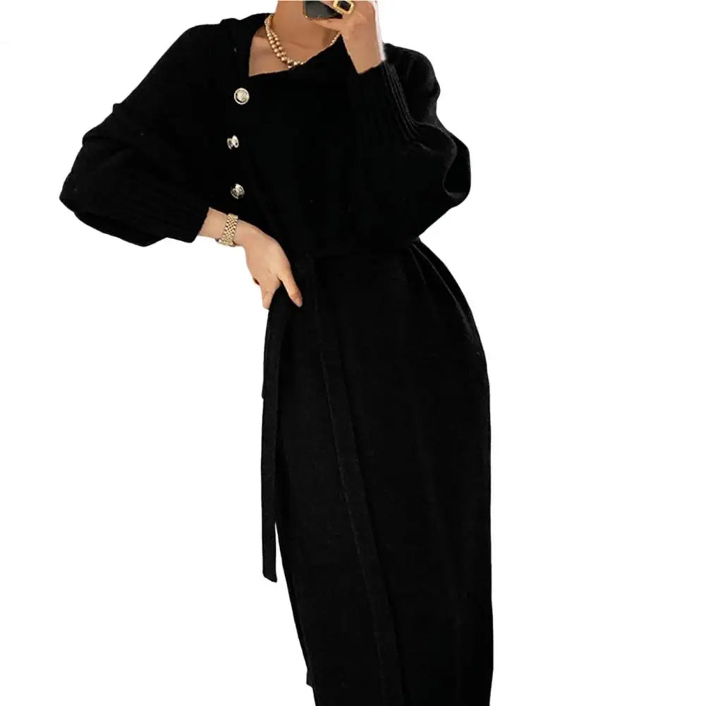 Women Dress Turtleneck Long Sleeve Lady Dress Solid Belt Pullover Knitted Sweater Women Midi Dress Streetwear