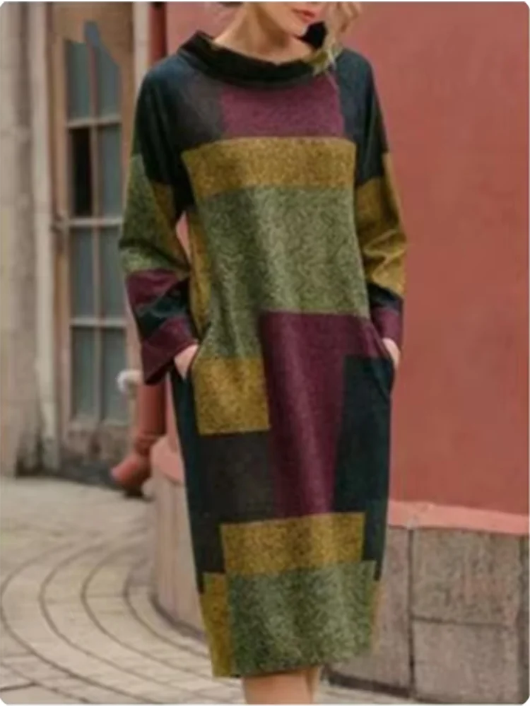 Marianne | Cozy Artistic Patchwork Midi Dress With Pockets