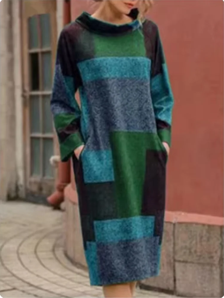 Marianne | Cozy Artistic Patchwork Midi Dress With Pockets