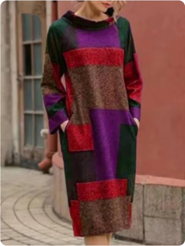 Marianne | Cozy Artistic Patchwork Midi Dress With Pockets