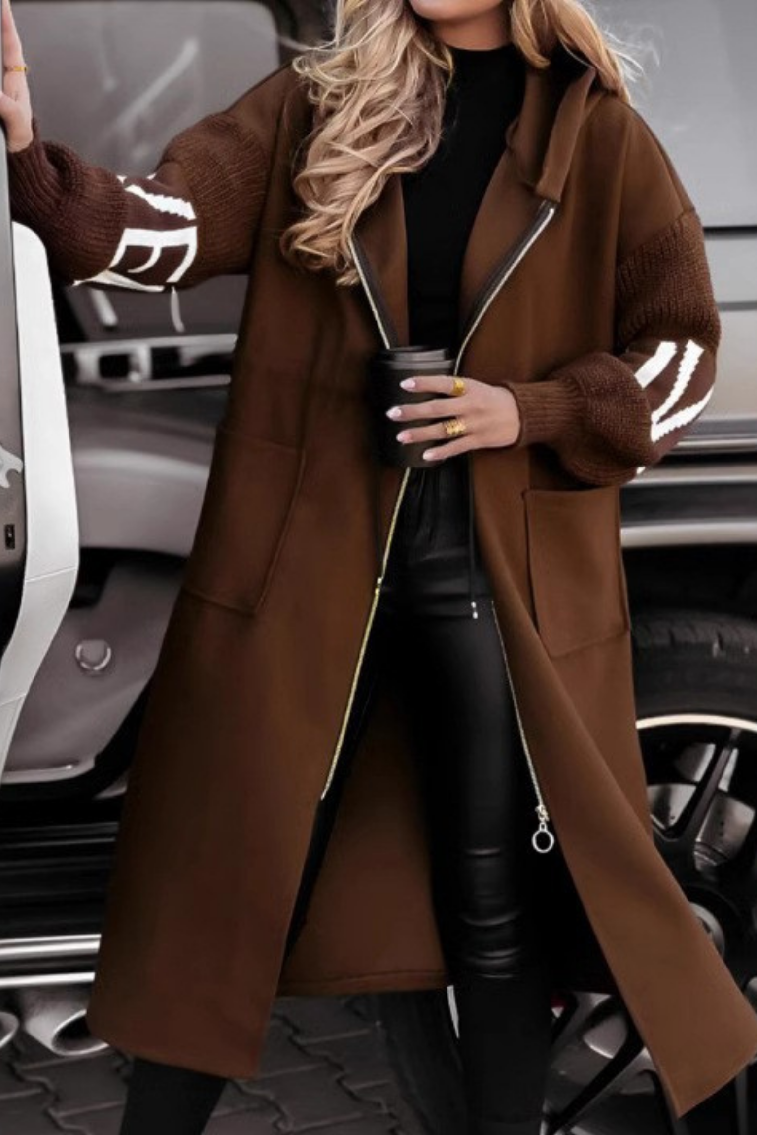 Scarlett™ | Long Coat with Knitted Sleeves and Hood