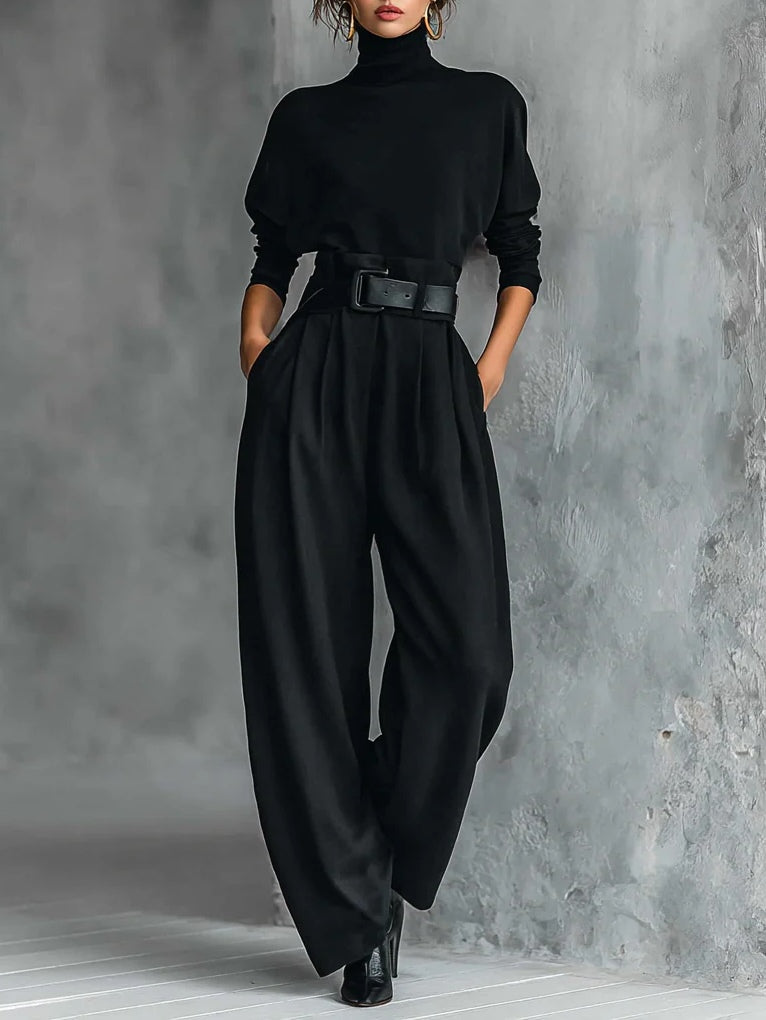 Caroline™ | Black High-Neck Two-Piece Set with Belt