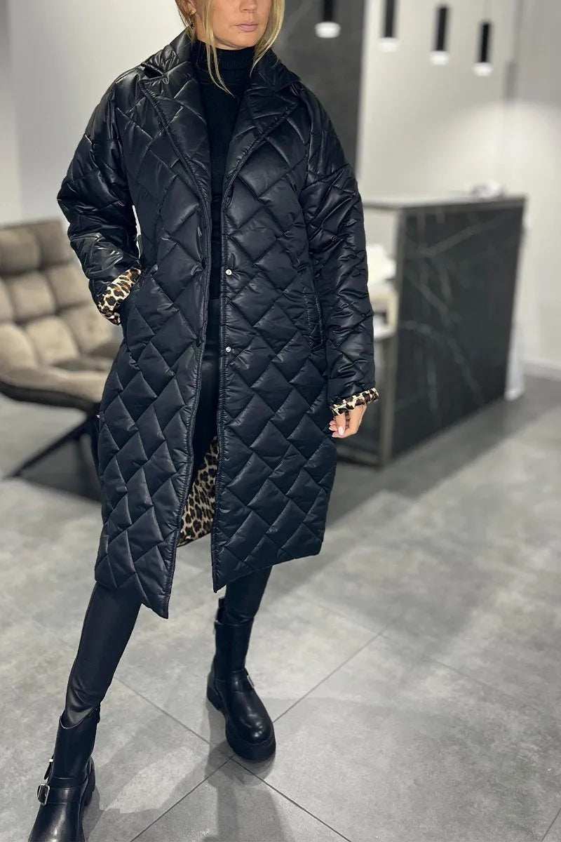Susie | Quilted Mid-Length Coat with Leopard Lining