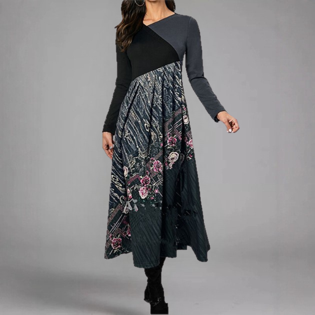 Evelyn™ | Black & Charcoal Floral Patchwork T-Shirt Maxi Dress