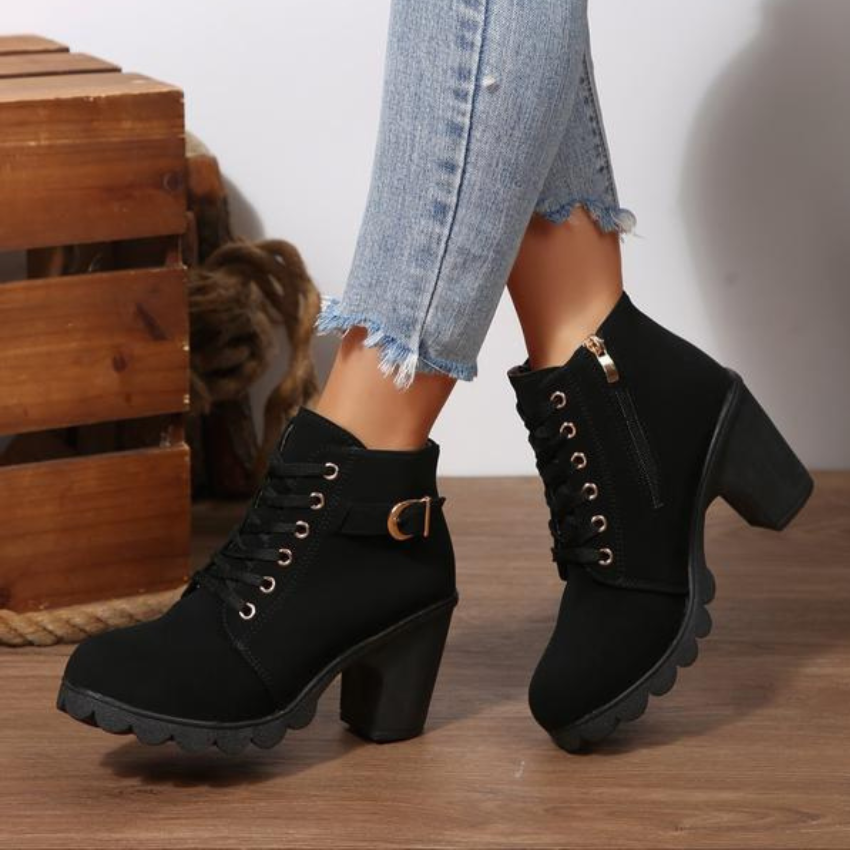 Katty™ | Chic Lace-Up Metal Buckle Chunky Ankle Boots