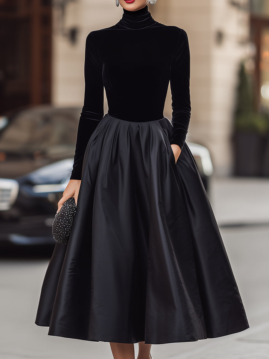 Ava | Elegant Black Velvet And Satin Midi Dress