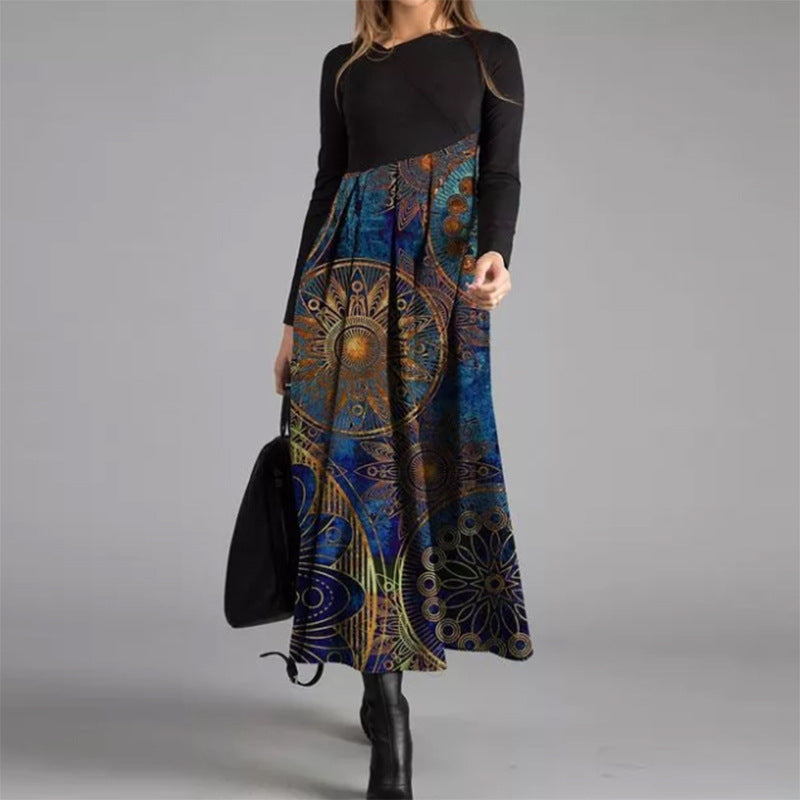 Marjorie™ | Black & Deep Blue Mandala Print T-Shirt Maxi Dress