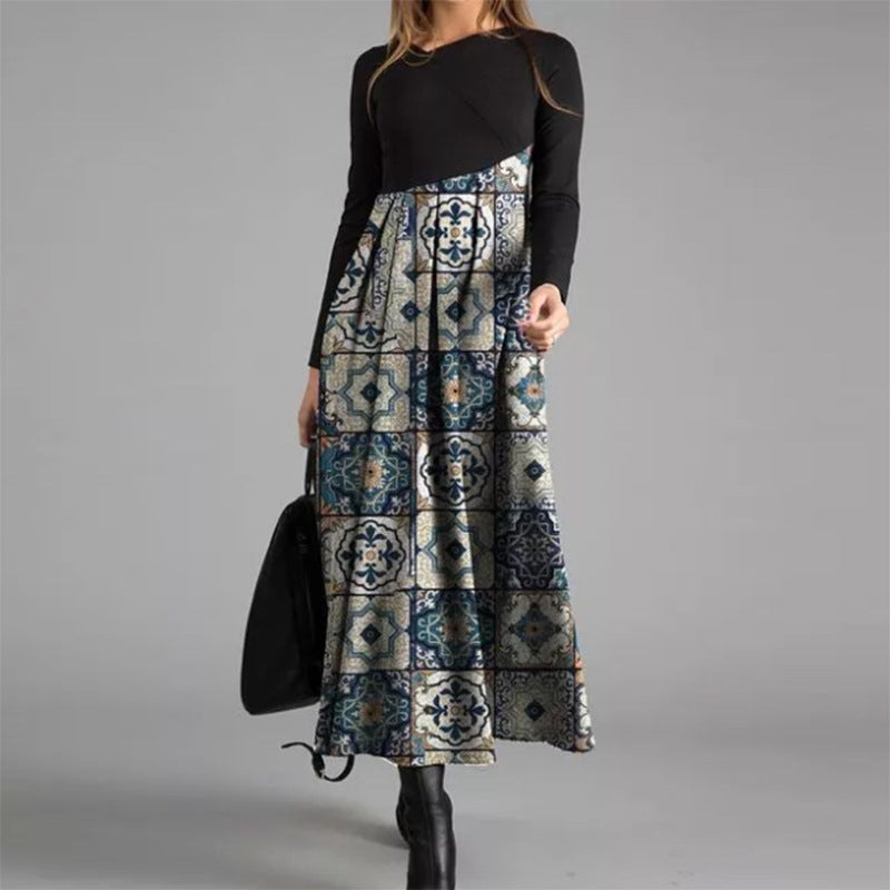 Theresa™ | Black & Blue Vintage Tile Print T-Shirt Maxi Dress