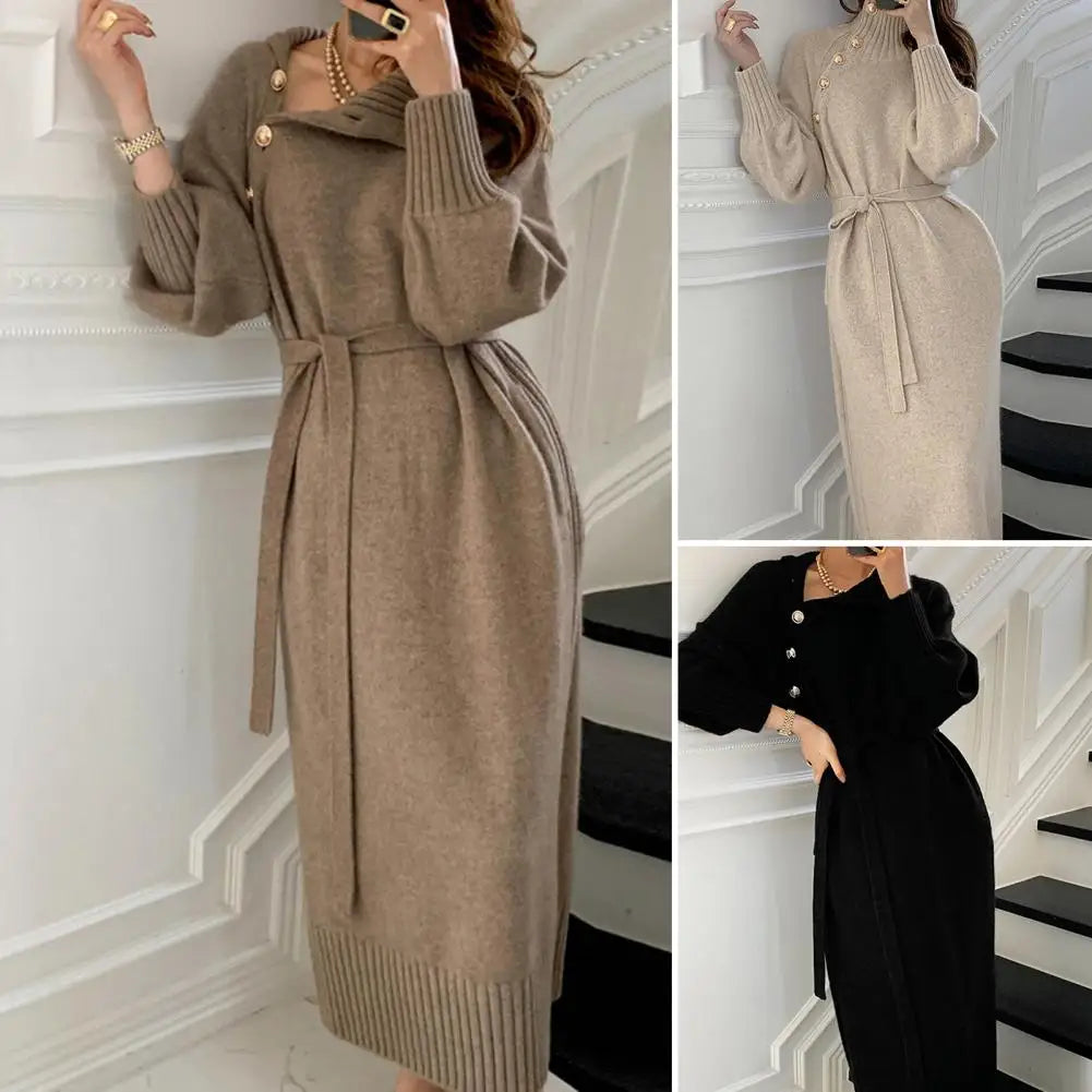 Women Dress Turtleneck Long Sleeve Lady Dress Solid Belt Pullover Knitted Sweater Women Midi Dress Streetwear
