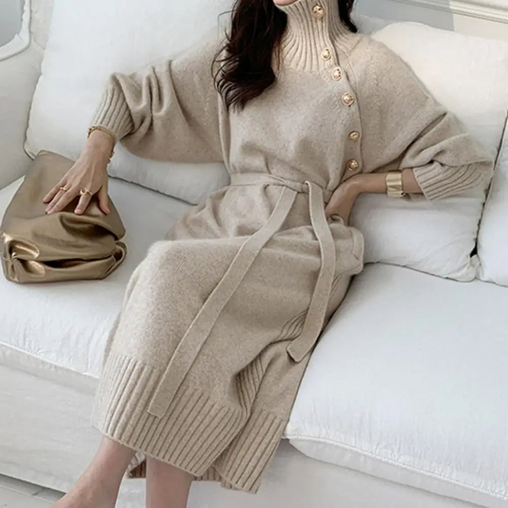Women Dress Turtleneck Long Sleeve Lady Dress Solid Belt Pullover Knitted Sweater Women Midi Dress Streetwear