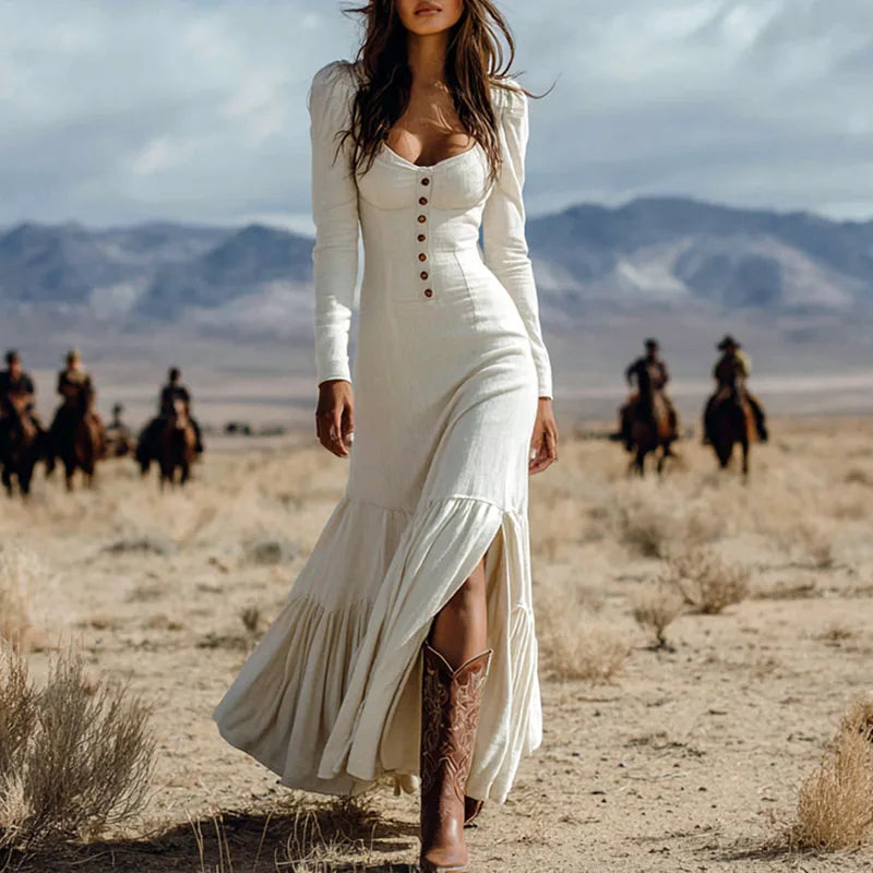 Aurora | Classic Buttoned Pleated Long Dress