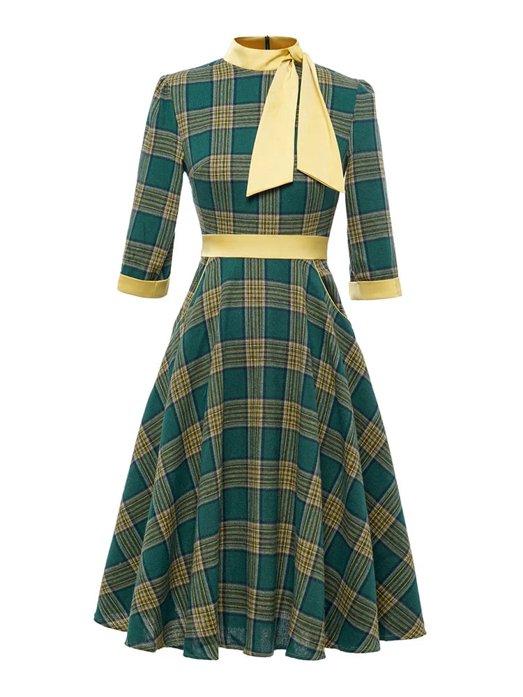 Eleanor | Timeless Plaid Midi Dress With Neck Bow
