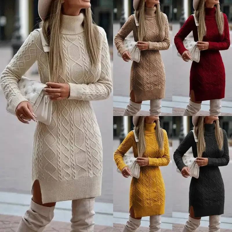 Carol | Cozy High-Collar Cable Knit Sweater Dress
