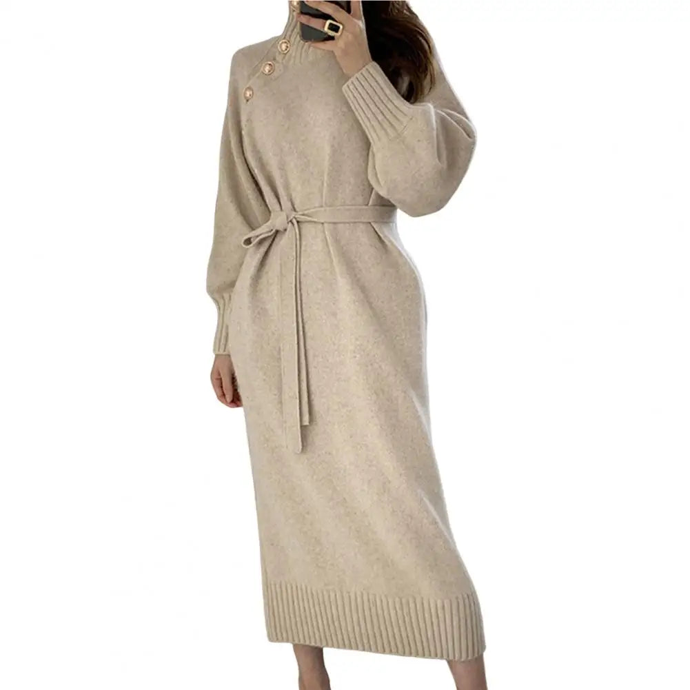 Women Dress Turtleneck Long Sleeve Lady Dress Solid Belt Pullover Knitted Sweater Women Midi Dress Streetwear