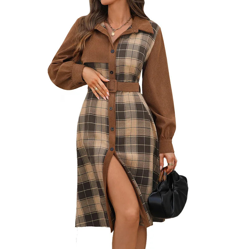 Margaret | Elegant Plaid Belted Midi Dress with Collar