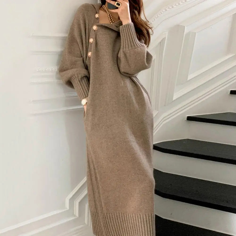 Women Dress Turtleneck Long Sleeve Lady Dress Solid Belt Pullover Knitted Sweater Women Midi Dress Streetwear