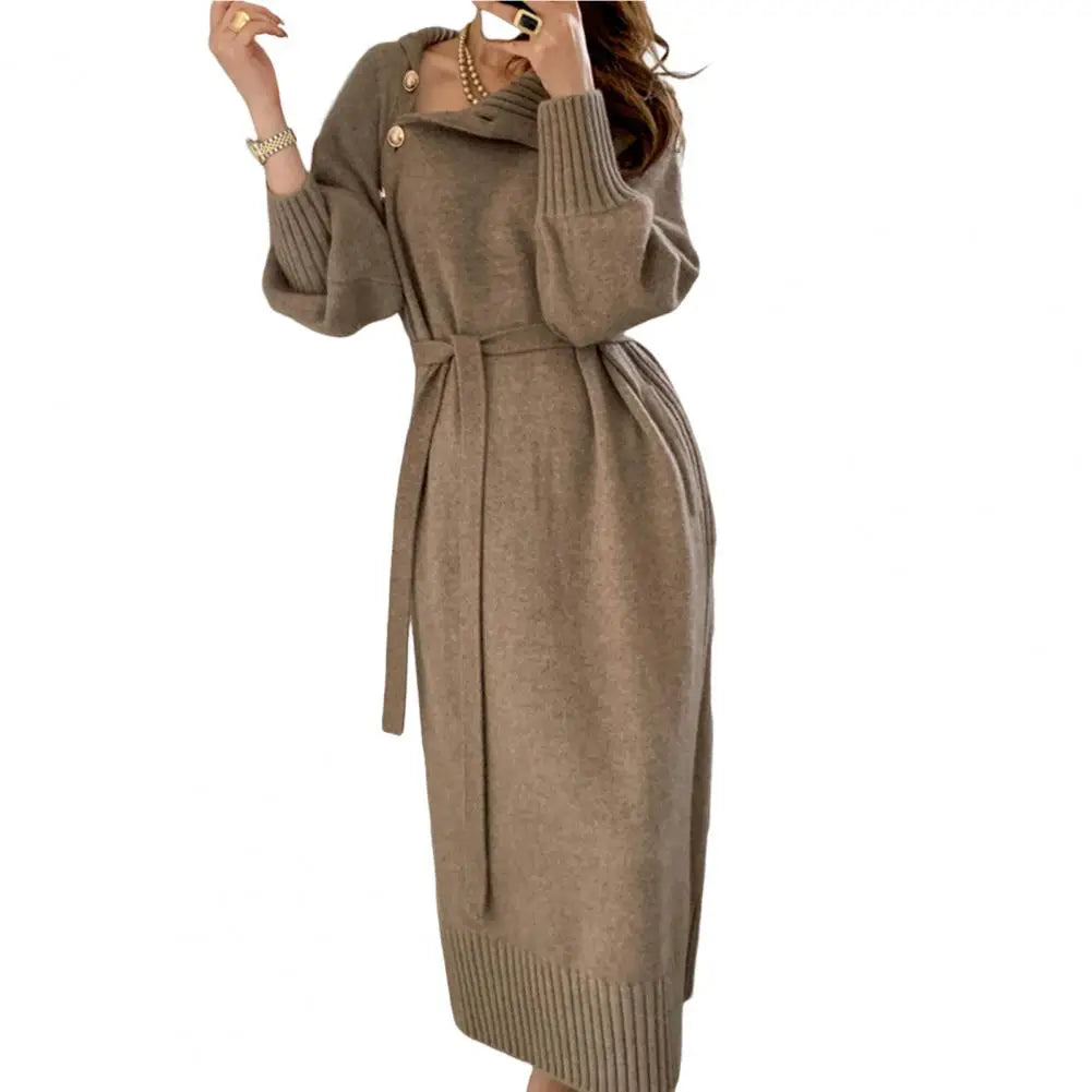 Women Dress Turtleneck Long Sleeve Lady Dress Solid Belt Pullover Knitted Sweater Women Midi Dress Streetwear