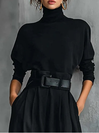 Caroline™ | Black High-Neck Two-Piece Set with Belt